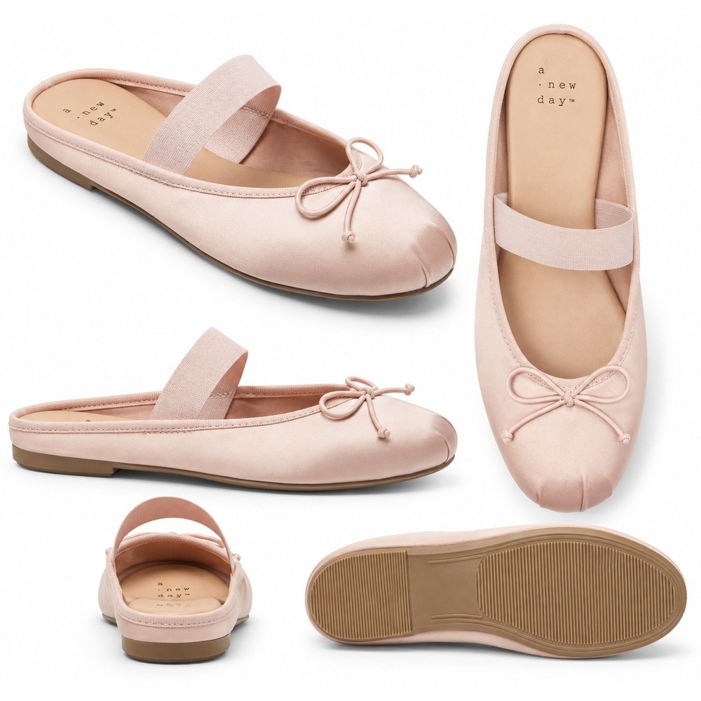 A New Day Imani Satin Ballet Mules Womens 8.5 Pink Slip-On Mary Jane Flats Bow